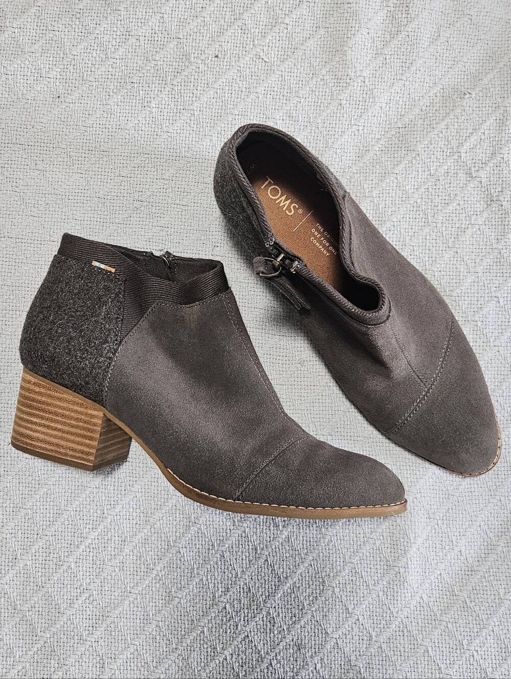 TOMS Gray Suede Ankle Booties with Stacked Wood Heel